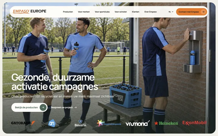 De vernieuwde Empaso-website met een groot productbeeld en ingangen voor merken, sportclubs en scholen