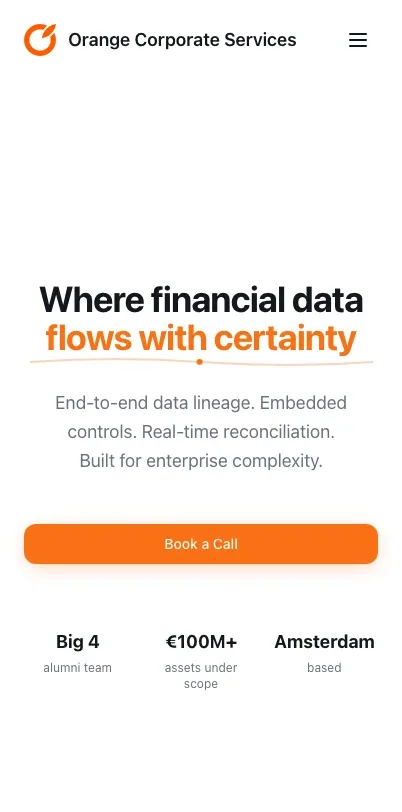 De website van Orange Corporate Services op mobiel